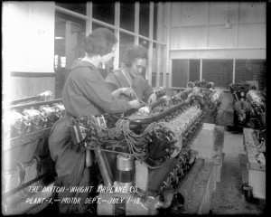 Female Dayton Wright Company employees work on Liberty Engine
