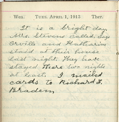 Milton Wright diary entry, April 1, 1913