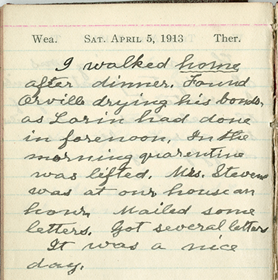 Milton Wright diary entry, April 5, 1913