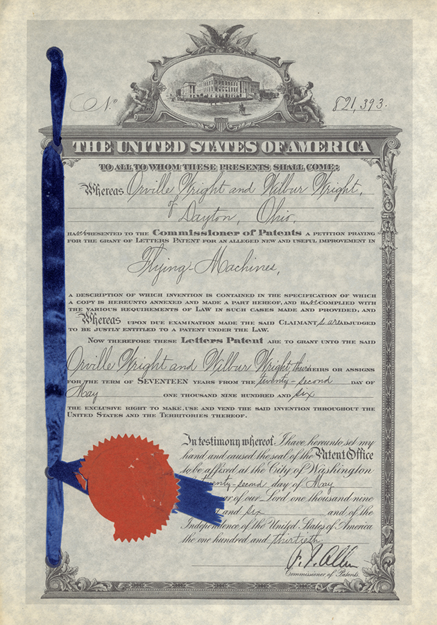 U.S. patent issued to the Wright Brothers for a Flying Machine, May 22, 1906