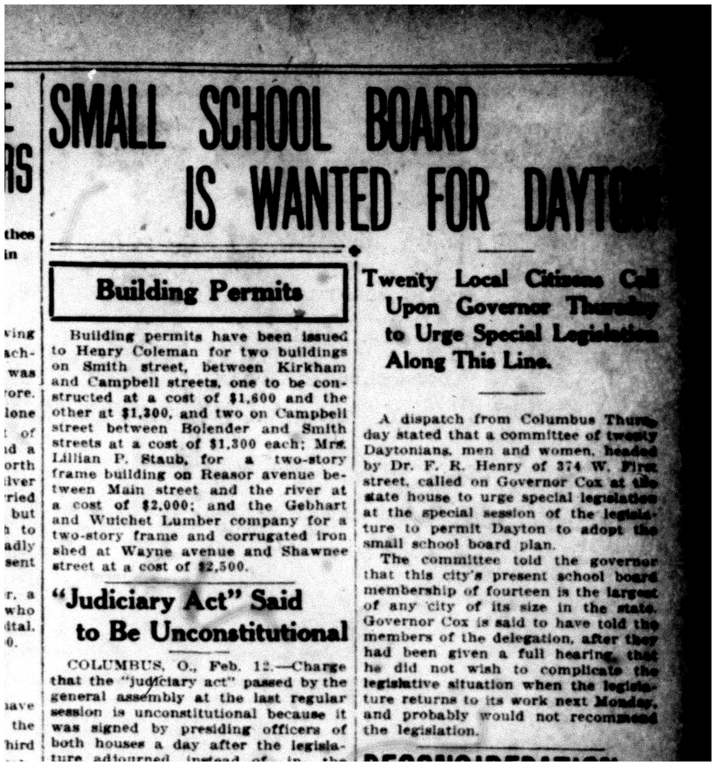 Small School Board is Wanted for Dayton, Dayton Daily News, Feb. 12, 1914
