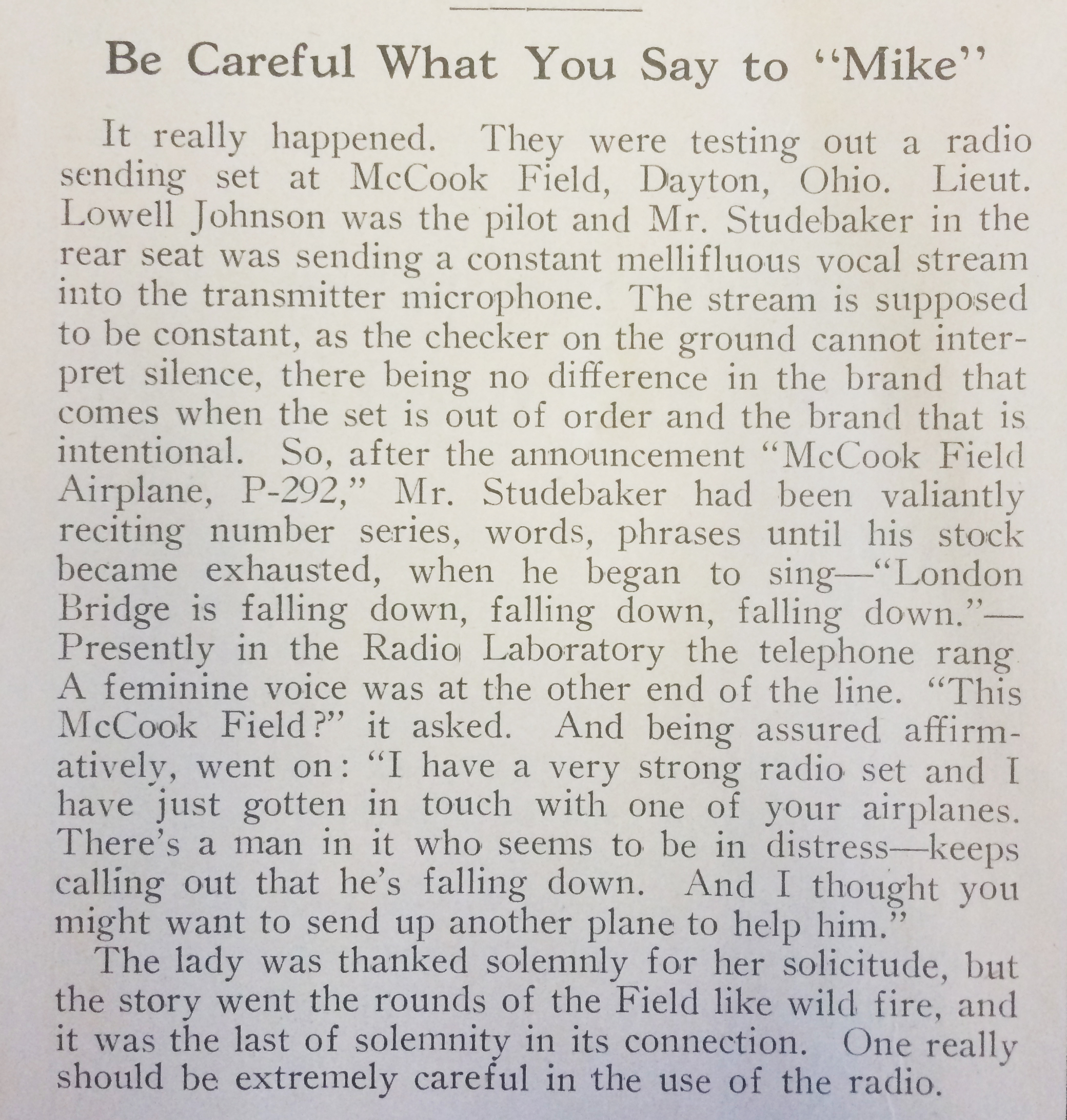 Be Careful What You Say to Mike, Slipstream 5:6 (July 1924), 22, from MS-53 Fred Marshall Papers 8:3.