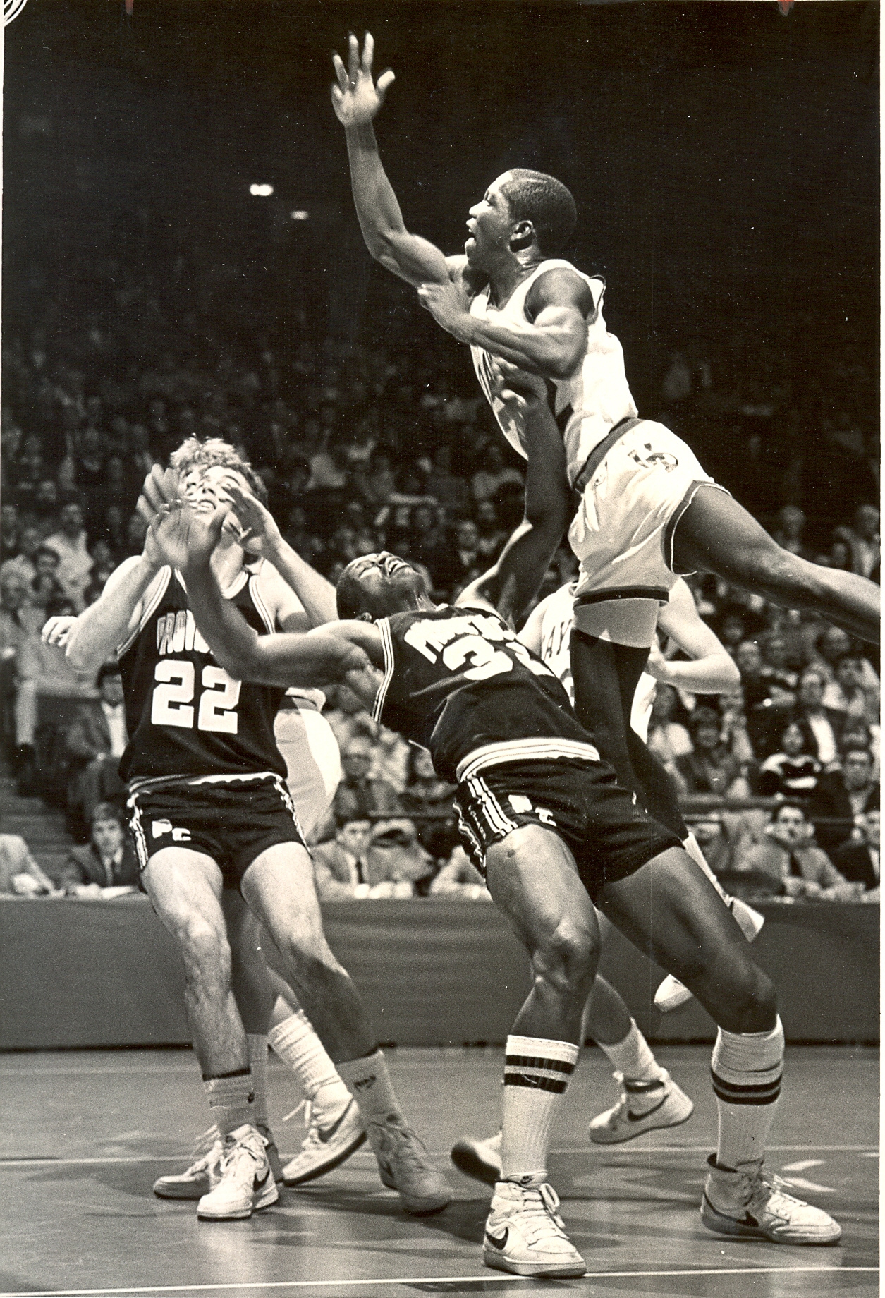 Jan. 28, 1984. Dayton vs. Providence. Roosevelt Chapman goes against Providence's #32, Ray Knight and #22 Sean Canty. 