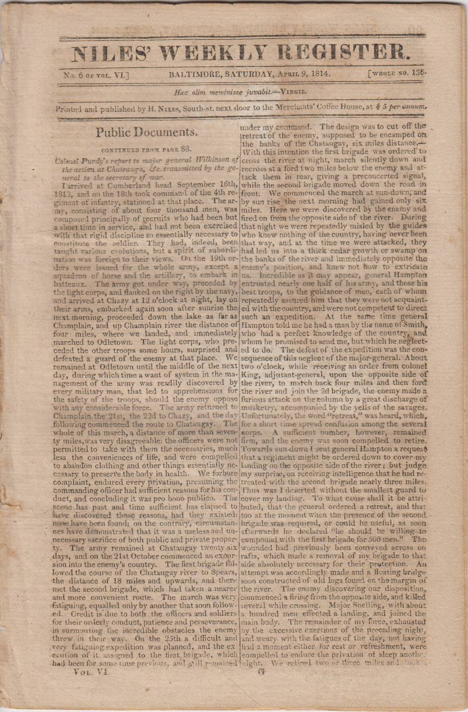 SC-291 Niles' Weekly Register (1814), front page
