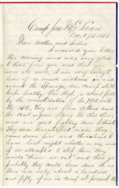 Letter, 1861 December 27, Oscar D. Ladley to Mother and Sisters [Catherine, Mary, and Alice Ladley] (item # ms138_01_01_25)
