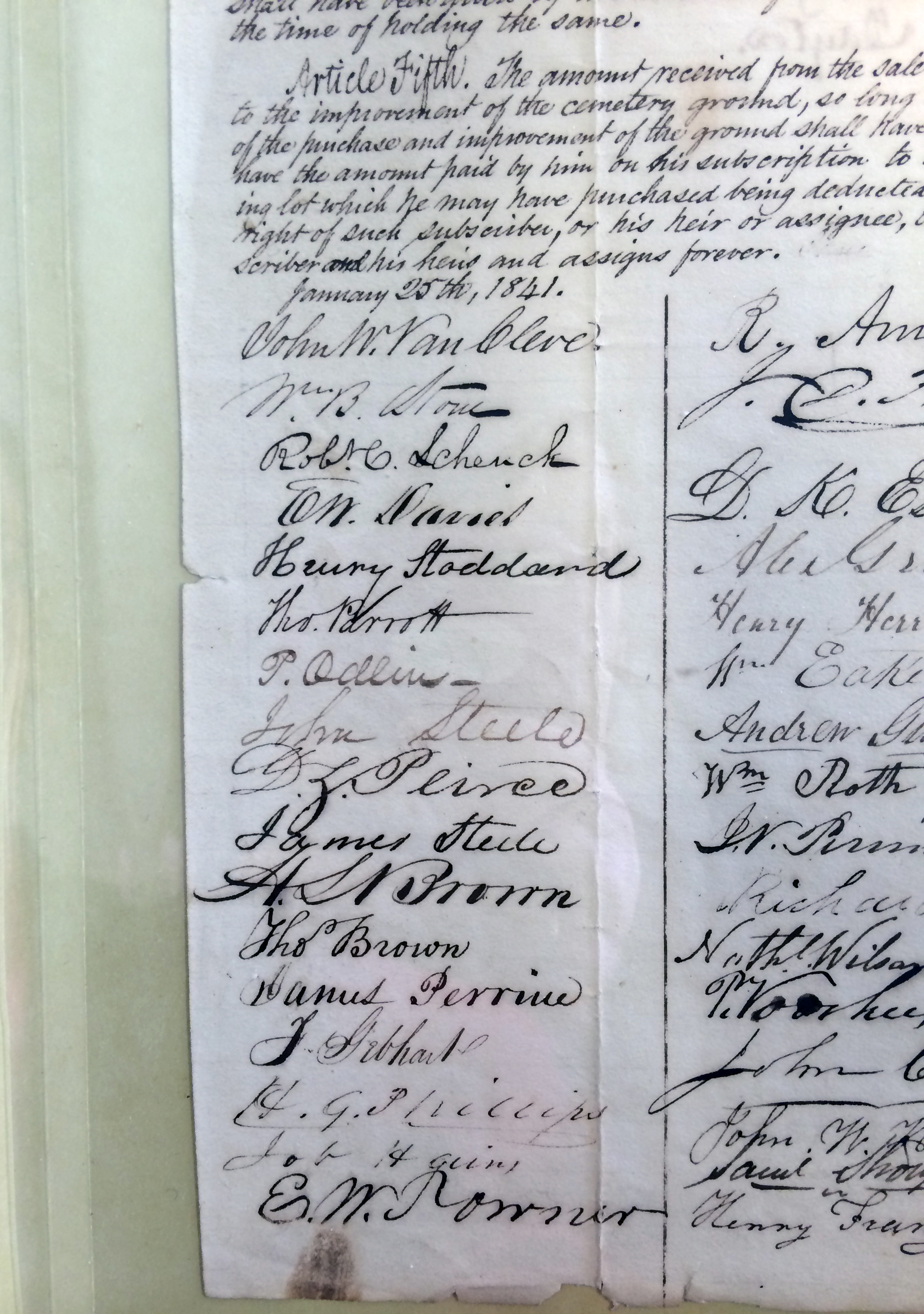 Detail of Woodland Cemetery Articles of Association, showing date, as well as Van Cleve's and other signatures