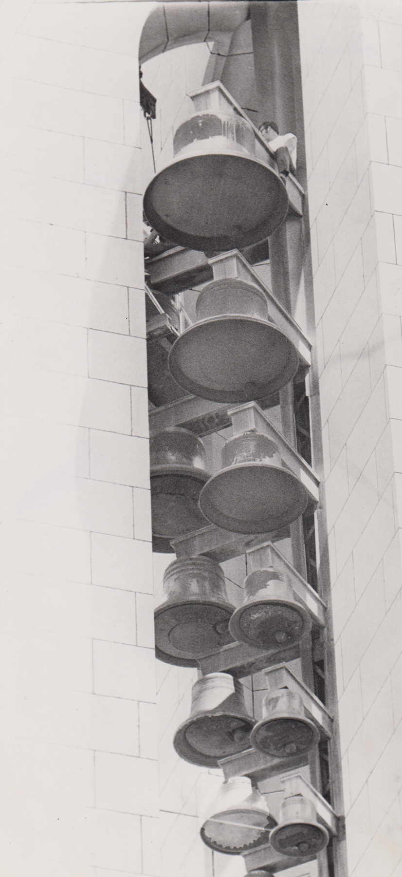 A worker atop the bells, June 1973