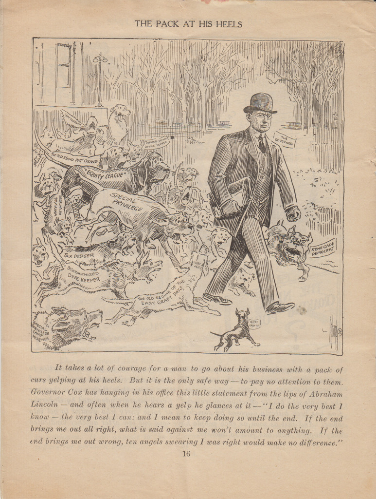 "The Pack at His Heels" James Cox cartoon by Billy Ireland, 1914 (from MS-2, Box 5, File 4)
