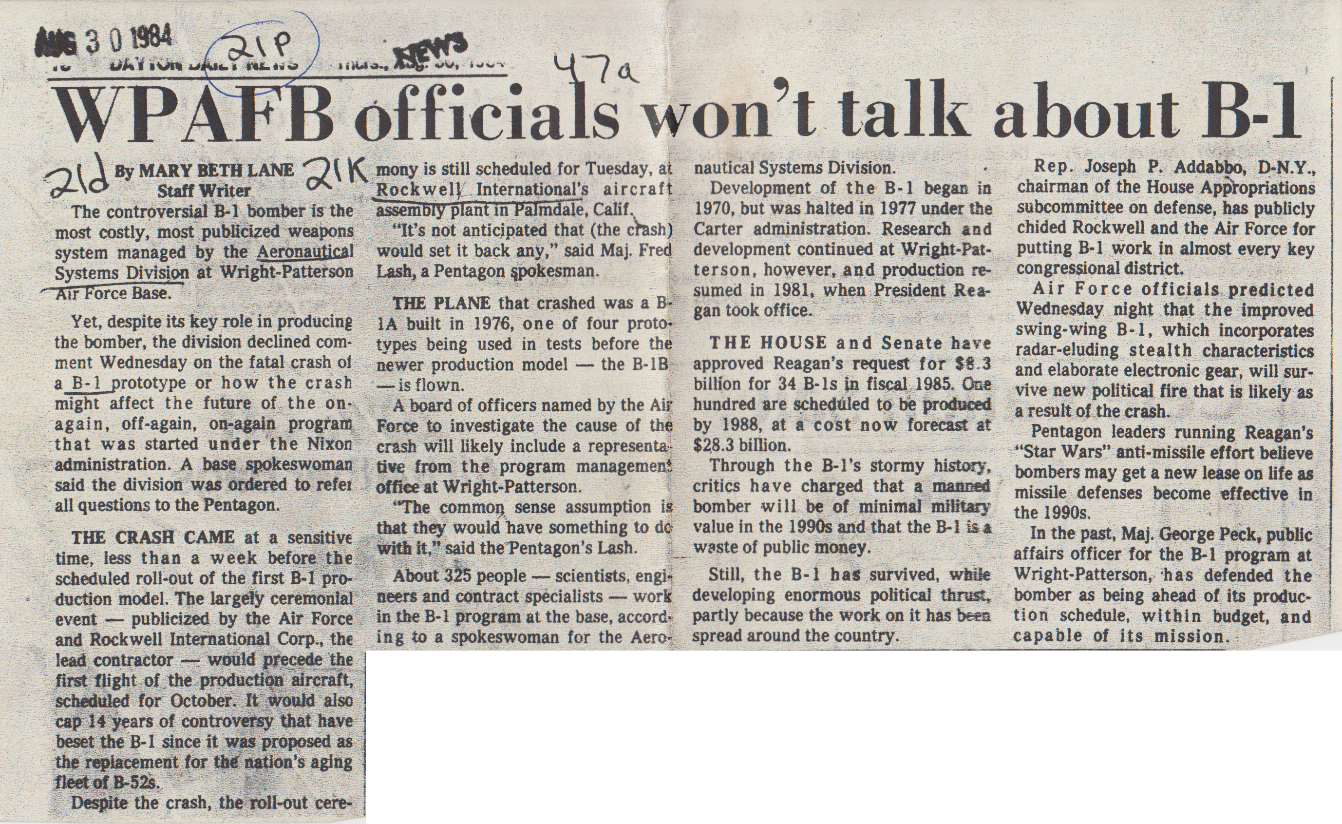 "WPAFB officials won't talk about B-1," referring to the crash of a B-1A in Aug. 1984. Dayton Daily News article, 30 Aug. 1984.