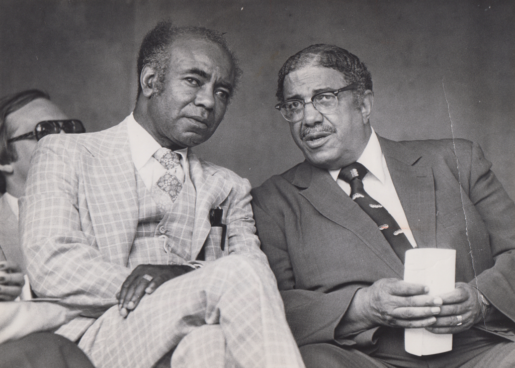 Mayor James H. McGee, right, with C. J. McLin, Dayton's representative to the Ohio House of Representatives (36th District), 1979. Photo by Mark Duncan, Dayton Daily News. From Dayton Daily News Archive (MS-458), VIP Files.