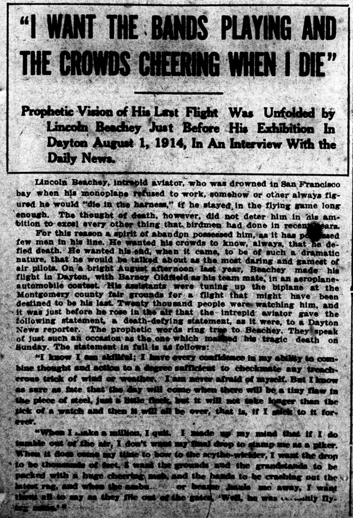 Beachey article, Dayton Daily News, March 15, 1915
