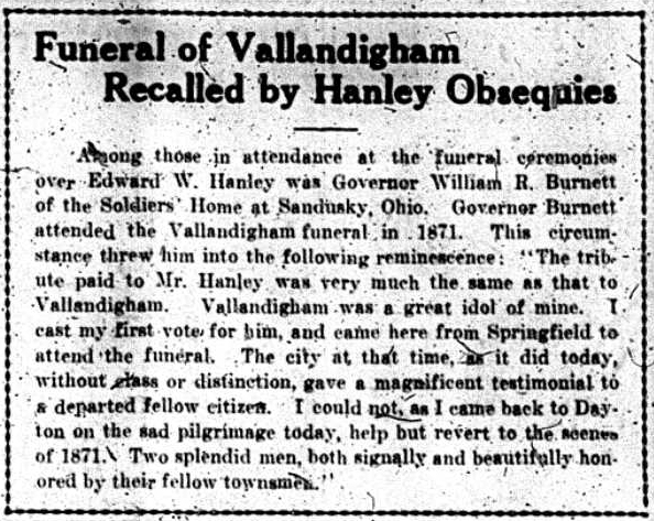 Funeral of Vallandingham Recalled by Hanley Obsequies, Dayton Daily News, 30 March 1915 (click to enlarge)