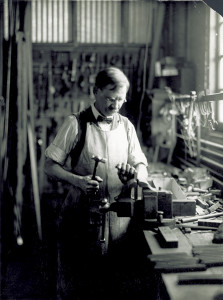 Charlie Taylor working at a vise in the Wright Company factory, 1911. (photo ms1_21_3_17)