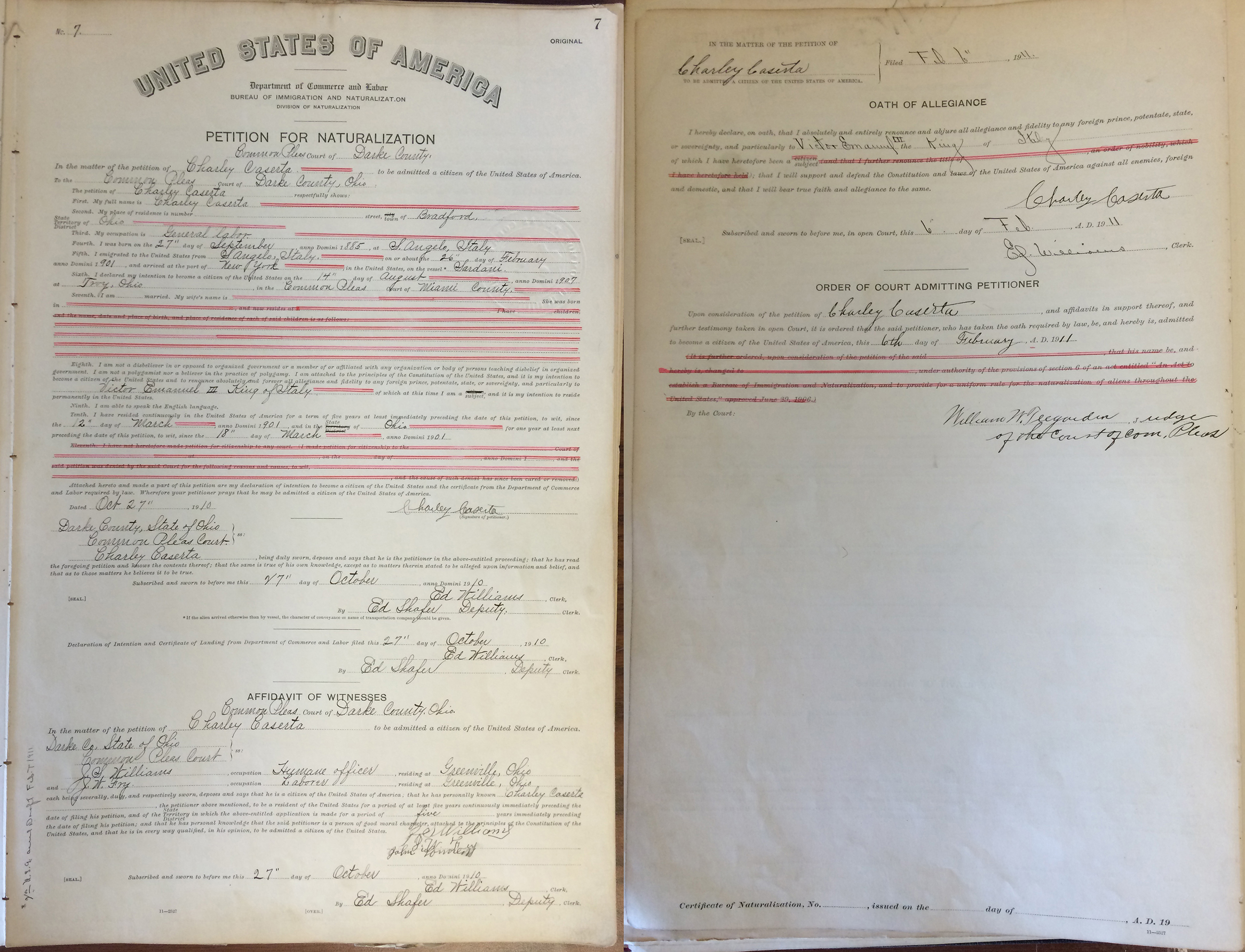 Petition for Naturalization of Charley Caserta, Darke County, 1910, front and back