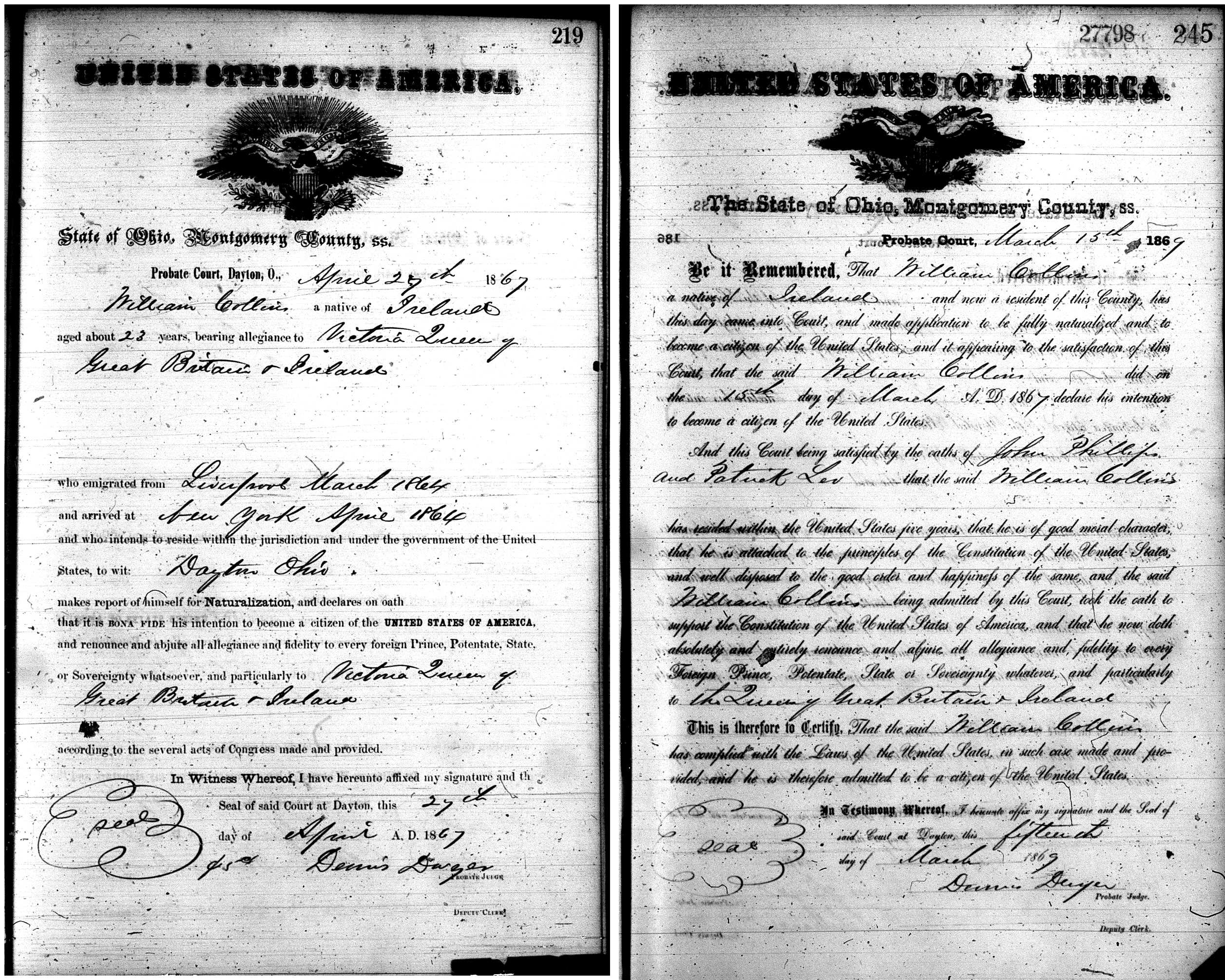 Naturalization documents for William Collins, filed in Montgomery County, Ohio, 1867 and 1869.