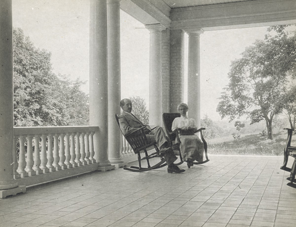 Orville and Katharine Wright sitting on porch at Hawthorn Hill, 1915. (photo ms1_26_5_11)