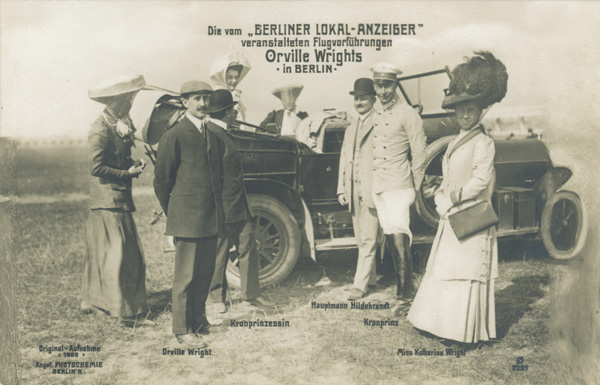 German royalty with the Wrights: Crown Princess Cecilie, Crown Prince Friedrich Wilhelm, Orville Wright, Katharine Wright, and Captain Alfred Hildebrant at Tempelhof Field, Germany, 1909. (photo ms1_18_7_21)