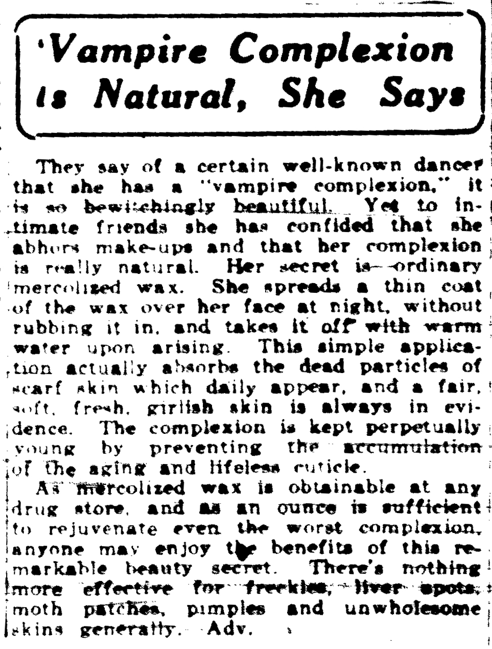 "Vampire Complexion is Natural, She Says," Dayton Daily News, 27 April 1922, page A28.