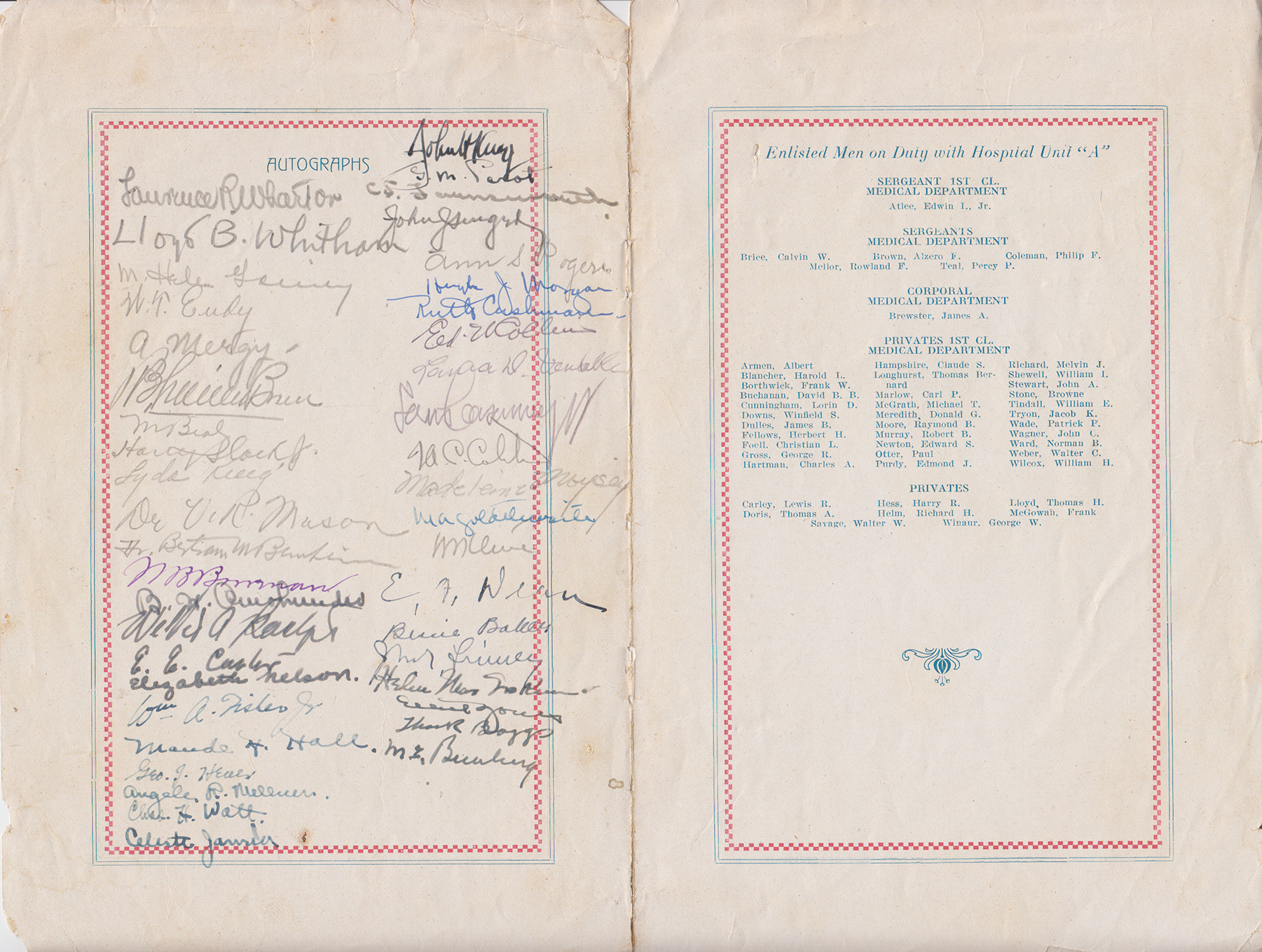 Base Hospital 18, Thanksgiving Dinner Menu, Nov. 18, 1918, autographs and personnel