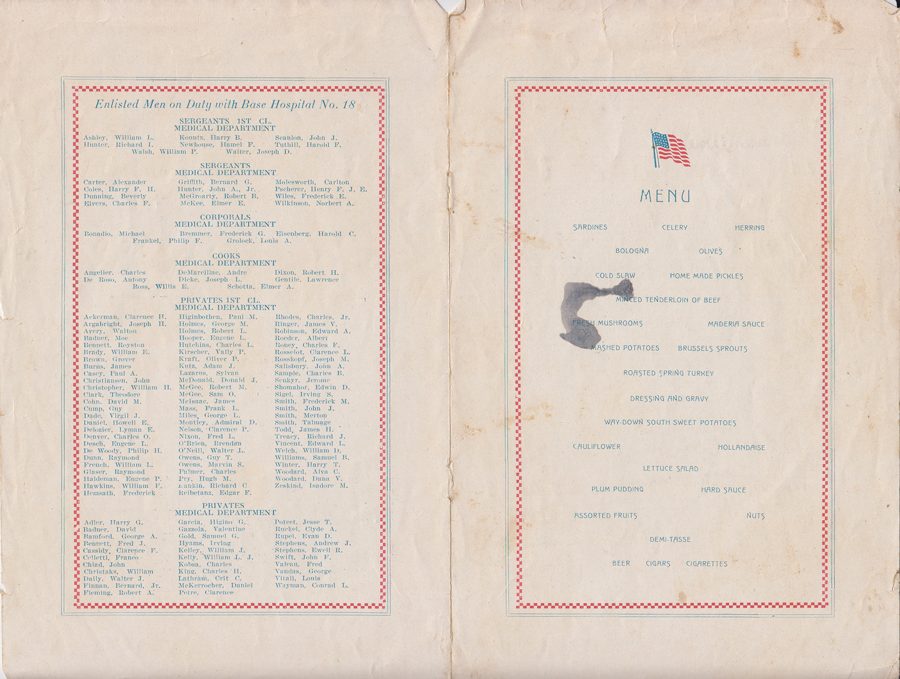 Base Hospital 18, Thanksgiving Dinner Menu, Nov. 18, 1918, personnel and food menu