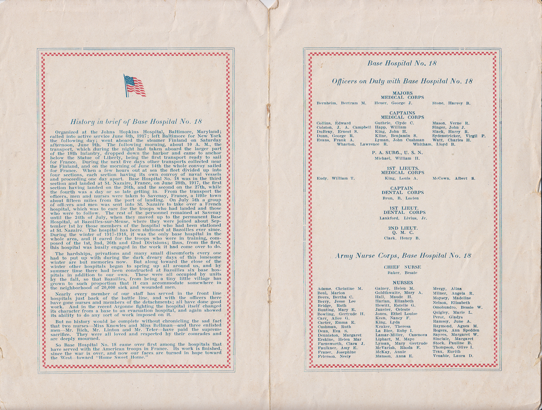 Base Hospital 18, Thanksgiving Dinner Menu, Nov. 18, 1918, history and personnel