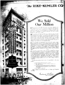 "We Sold Our Million," Rike-Kumler Co. ad in the Dayton Daily News, January 1, 1923