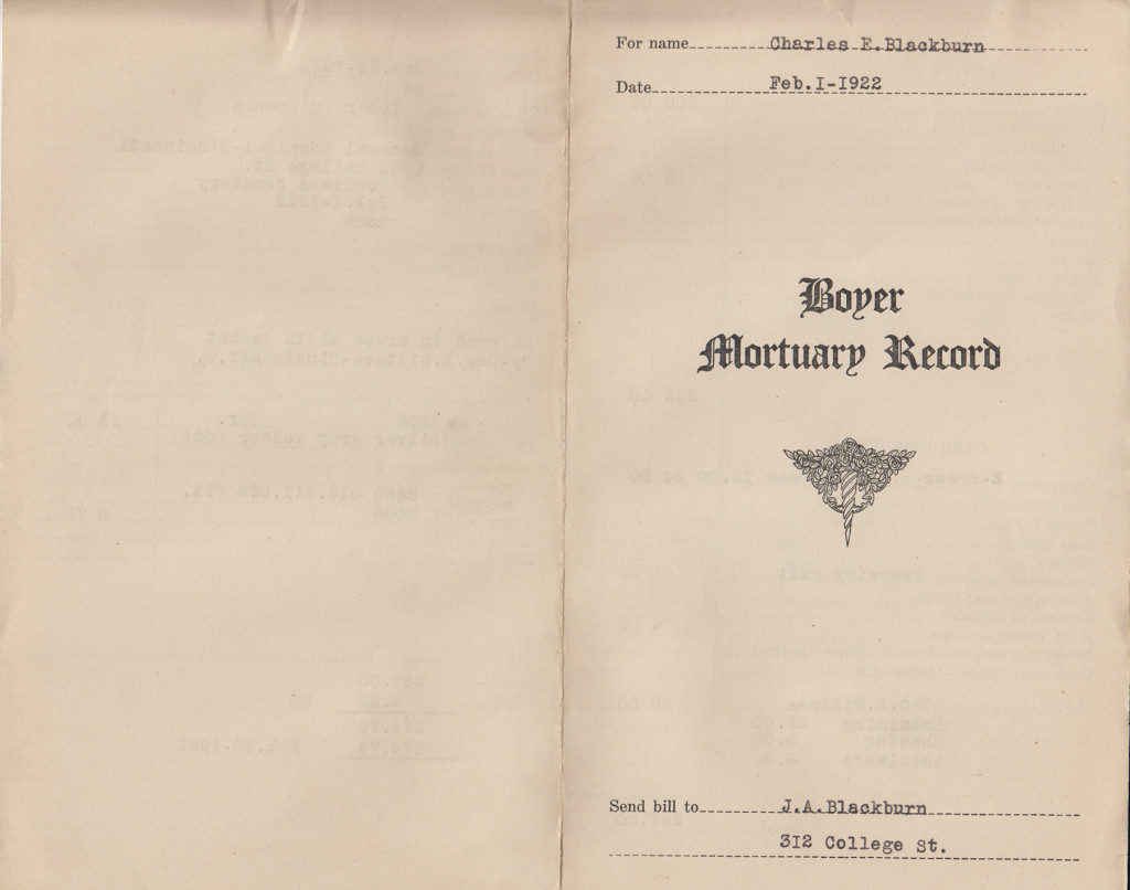 Mortuary record for Charles E. Blackburn, 1922, page 1 of 3 (MS-277, Box 1, File 1)