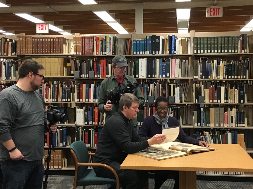 Dr. Scott Peterson, WSU Communications Dept., filming some footage in Special Collections and Archives for his upcoming baseball documentary "Sultans of Swing." February 4, 2016