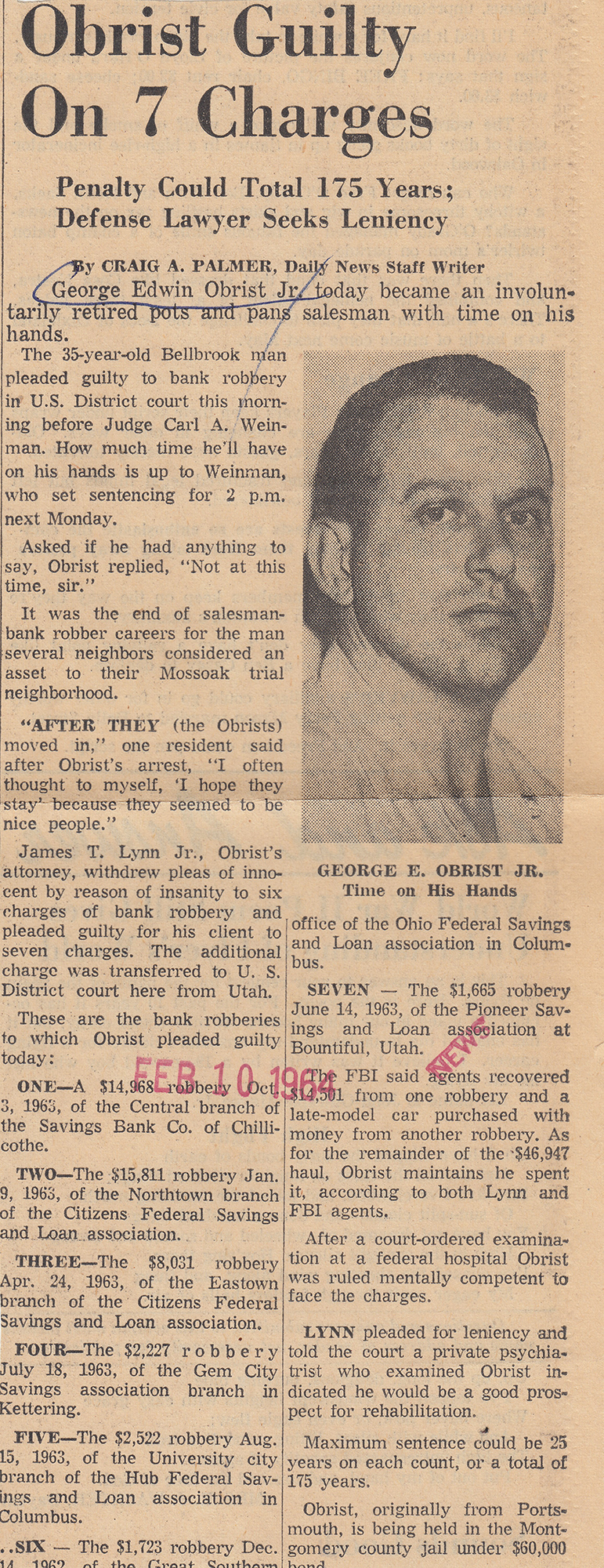 Obrist Guilty on 7 Charges, Dayton Daily News, 10 Feb 1964