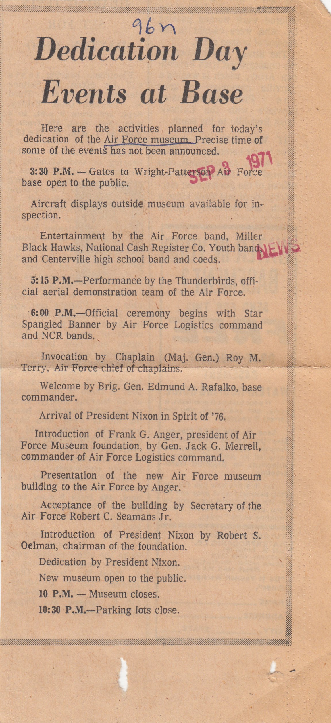 Dedication events, Sept. 1971
