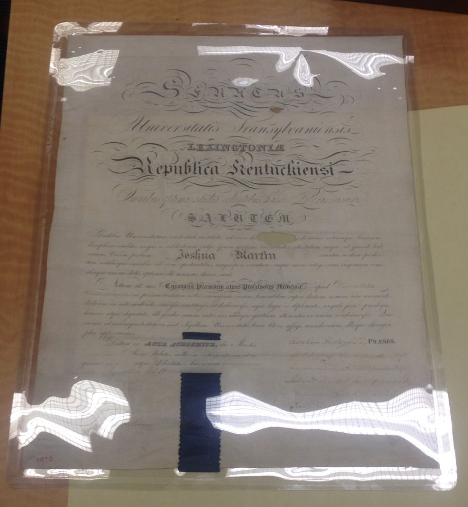 Martin's Transylvania University diploma, 1826 (from FSC-4)