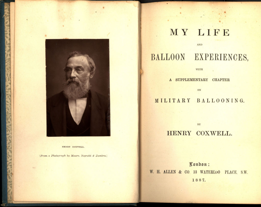 Title page inside "Life and Balloon Experiences: with a supplementary chapter on military ballooning" by Henry Tracey Coxwell, published in 1887