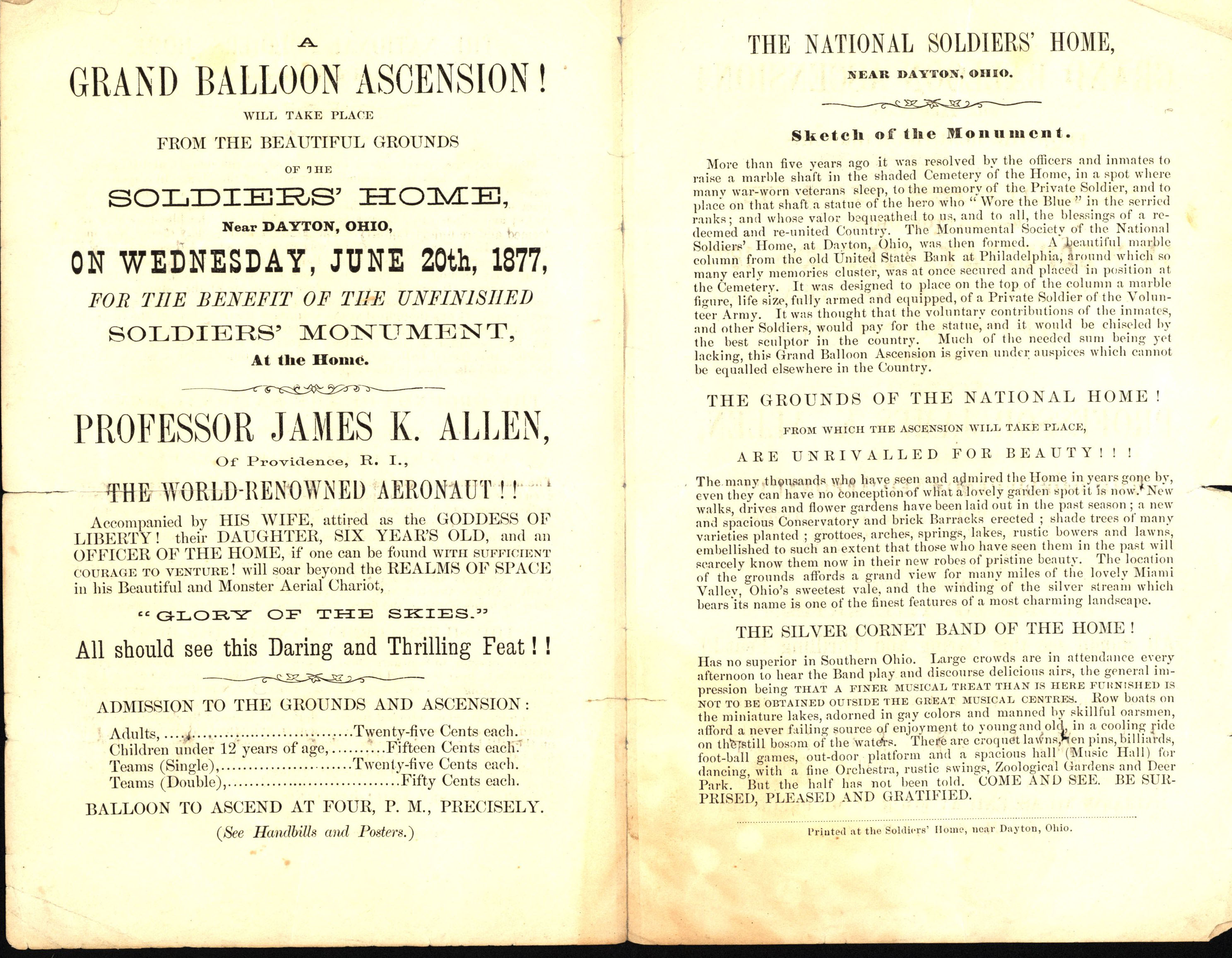 Advertisement from a balloon ascent at the Dayton Soldiers' Home, June 20, 1877