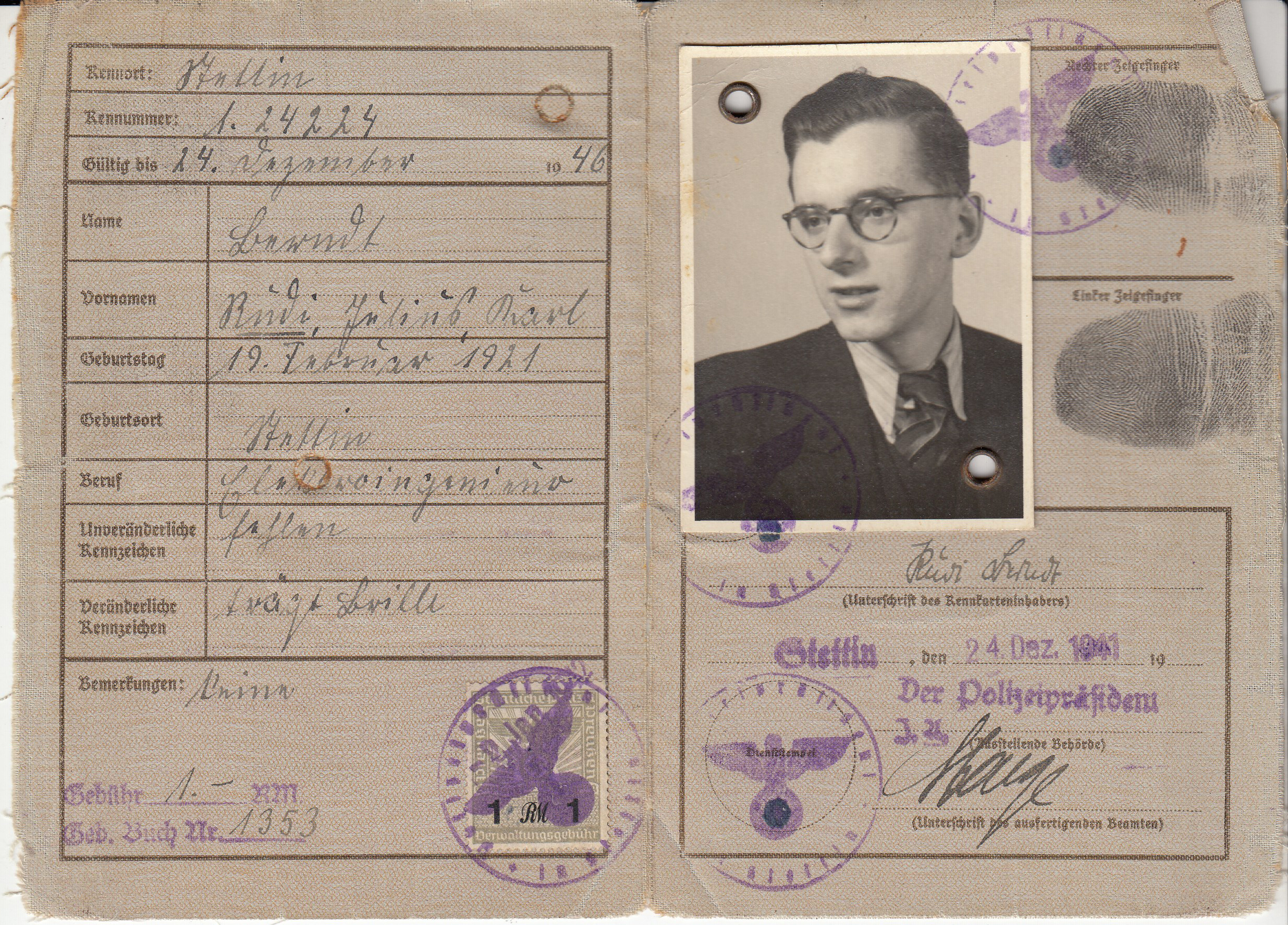 Berndt's German identification card, 1941 (Box1, File 11)
