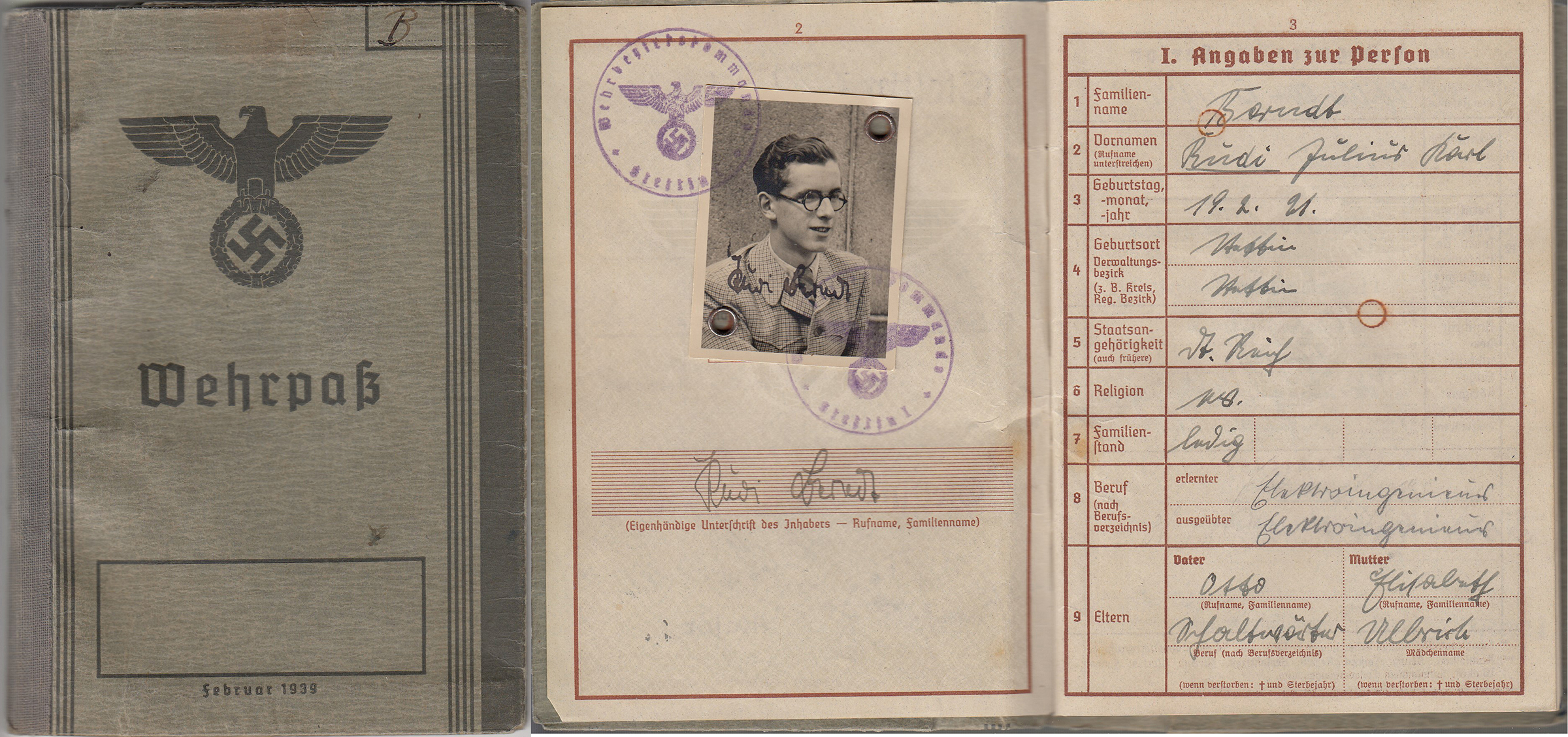 Berndt's Wehrpass (Military Passport), open to the identification page (Box 1, File 8)