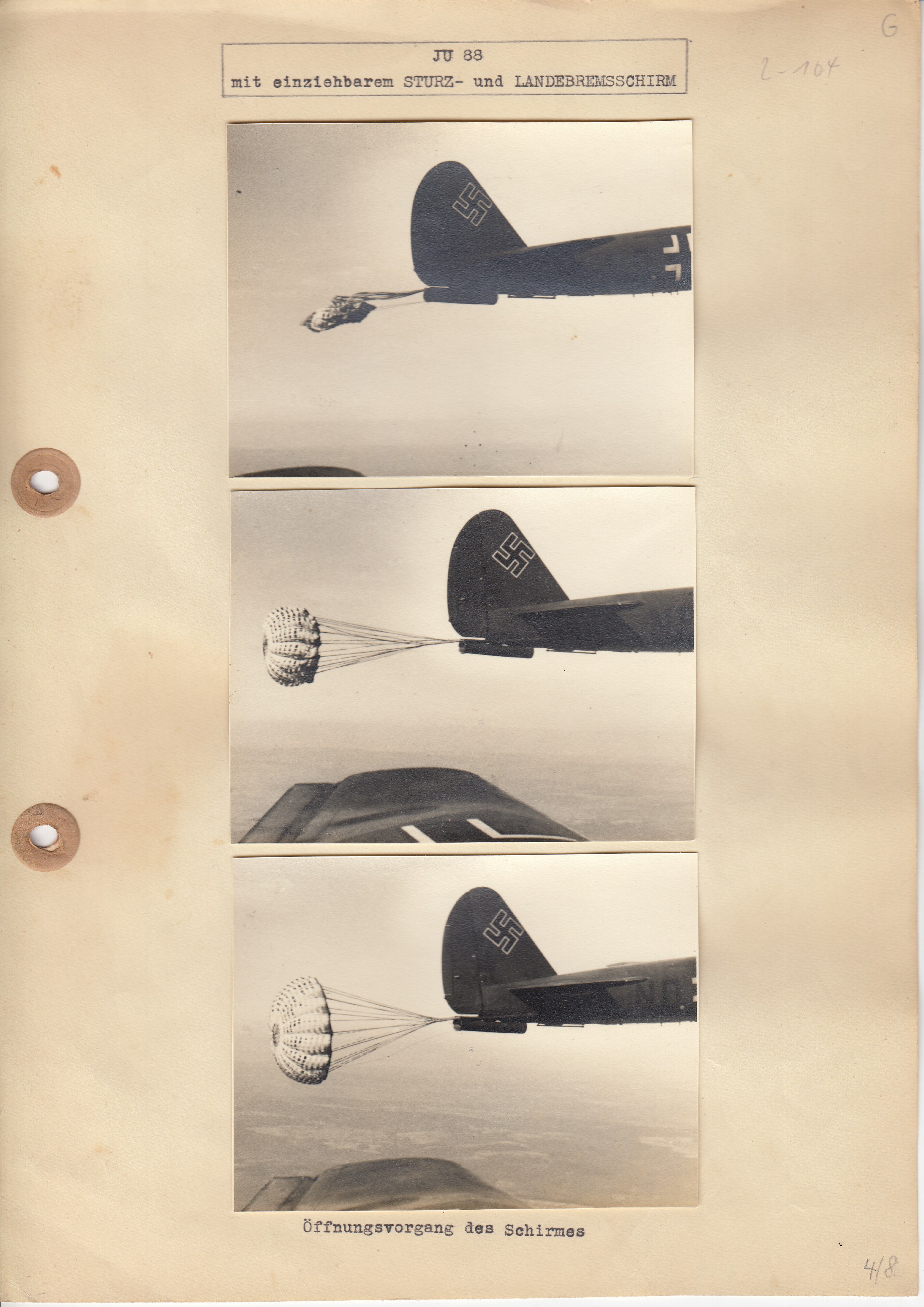 Landing brake parachute testing on Junker 88, circa 1941-1942 (Box 2, File 5, sheet D-18)