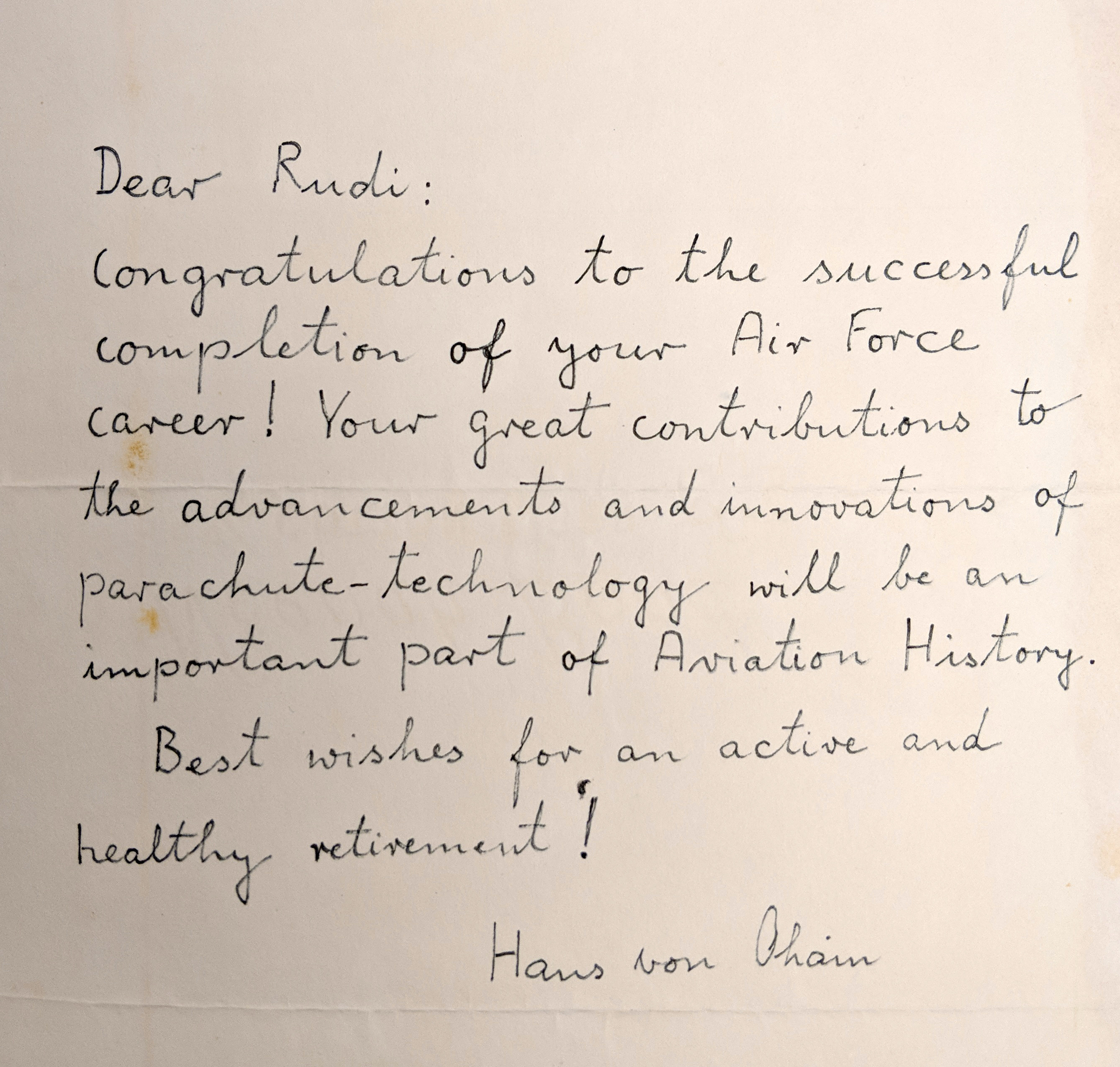 A note from Hans von Ohain to Berndt, congratulating him on retirement (Box 5, retirement album)