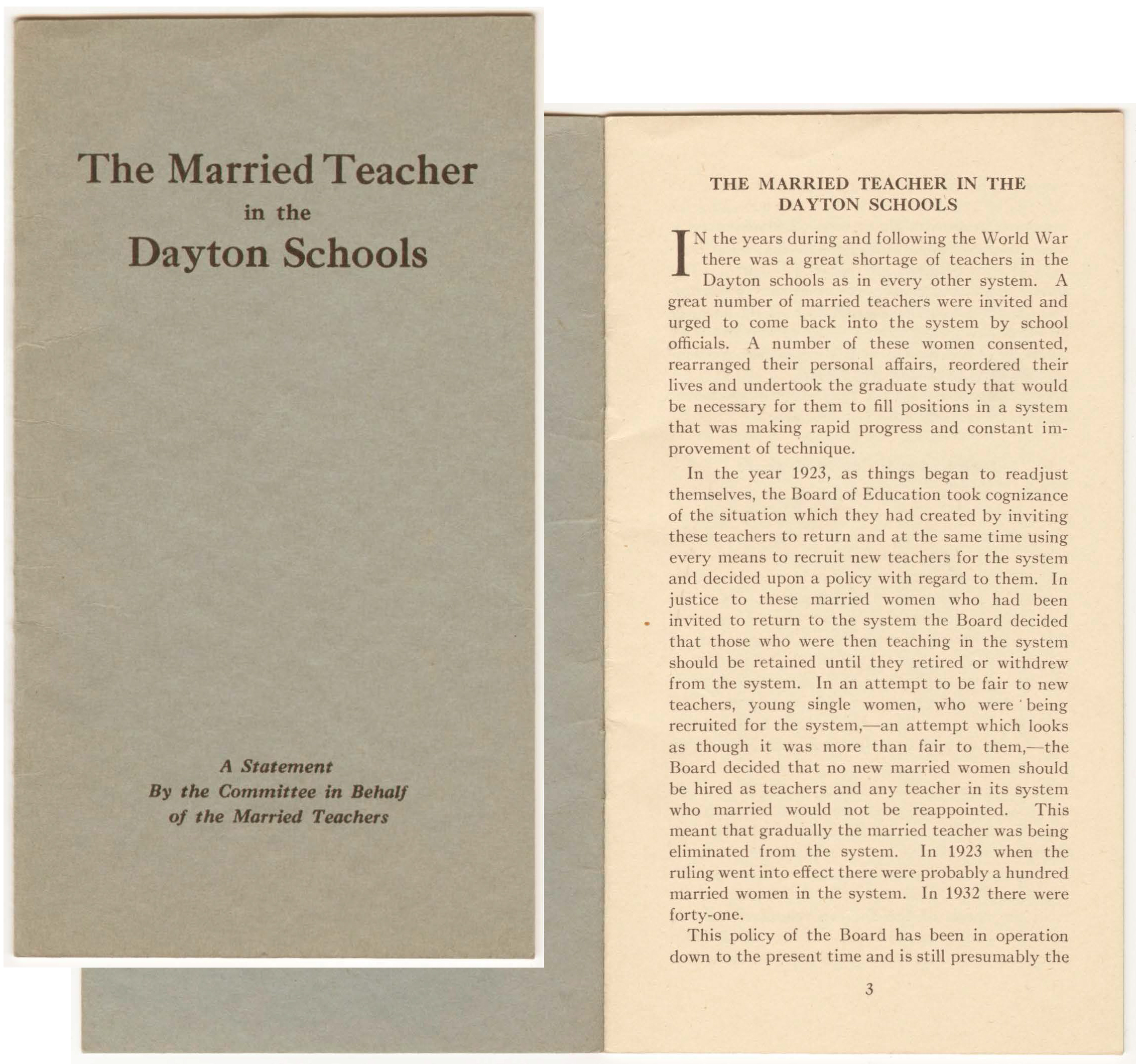 The Married Teacher in the Dayton Schools pamphlet, circa 1933 (view entire pamphlet online, ms91_01_03_01)