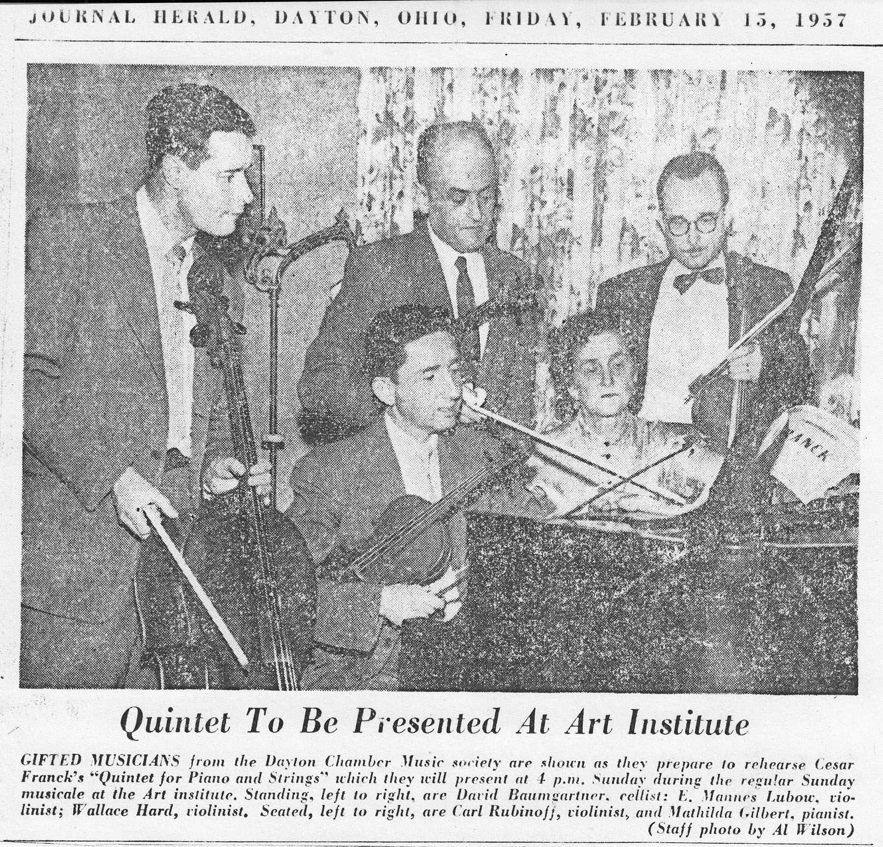 Newspaper article about Dayton Chamber Music Society performance at Art Institute, February 13, 1957. (MS-531, Box 3, File 5)