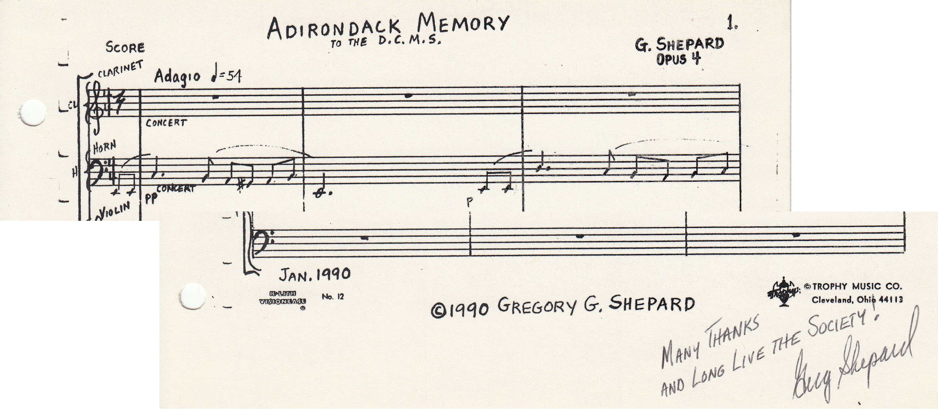 Portion of some sheet music (autographed by composer Gregory Shepard) once performed by Dayton Chamber Music Society, 1990. (MS-531, Box 4, File 9)