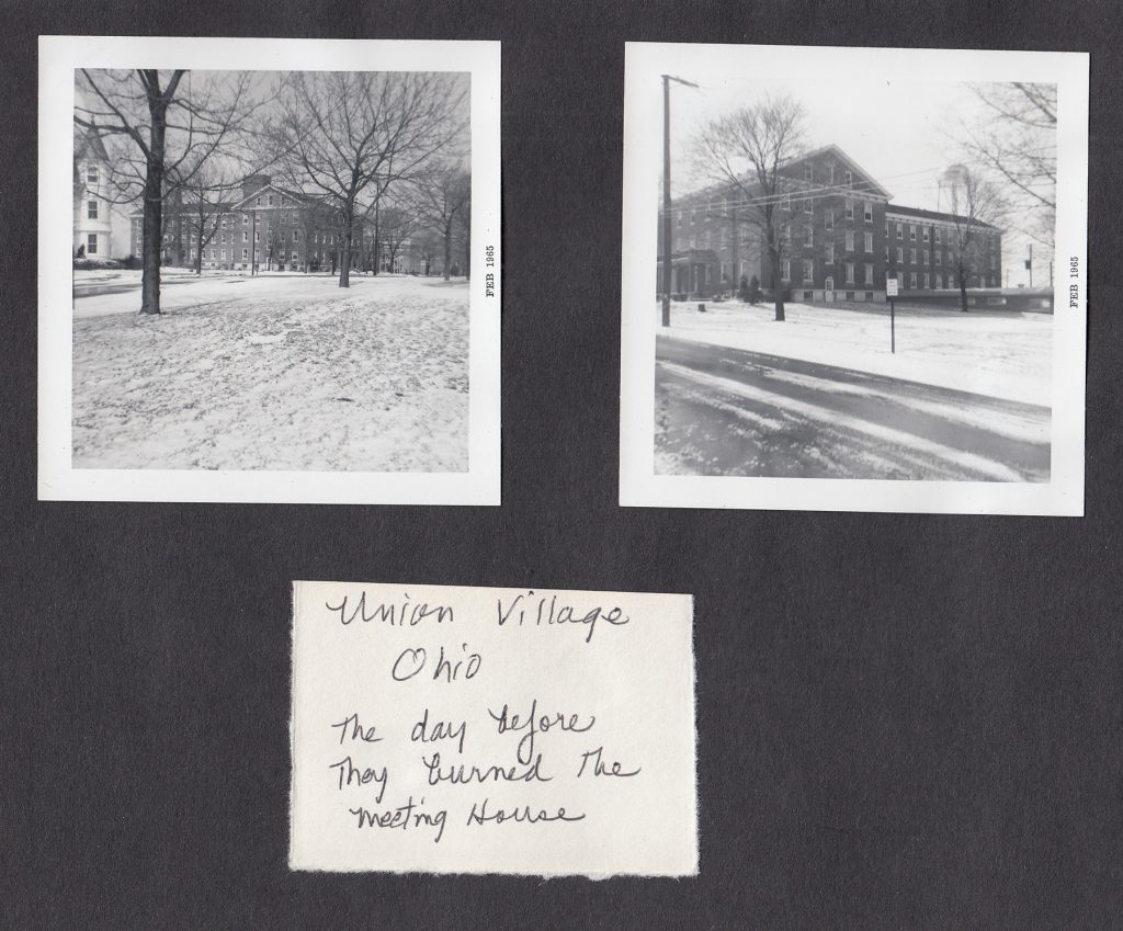 Photographs, taken by Rose Mary Lawson, of the Union Village Shaker Meeting House. This building was burned down shortly after the photos were taken. (MS-571, Box 5, File 8)