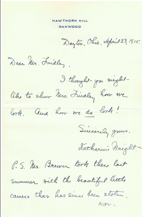 A letter from Katharine Wright to Earl Findley, Apr 23, 1915 (from SC-323, page 55)