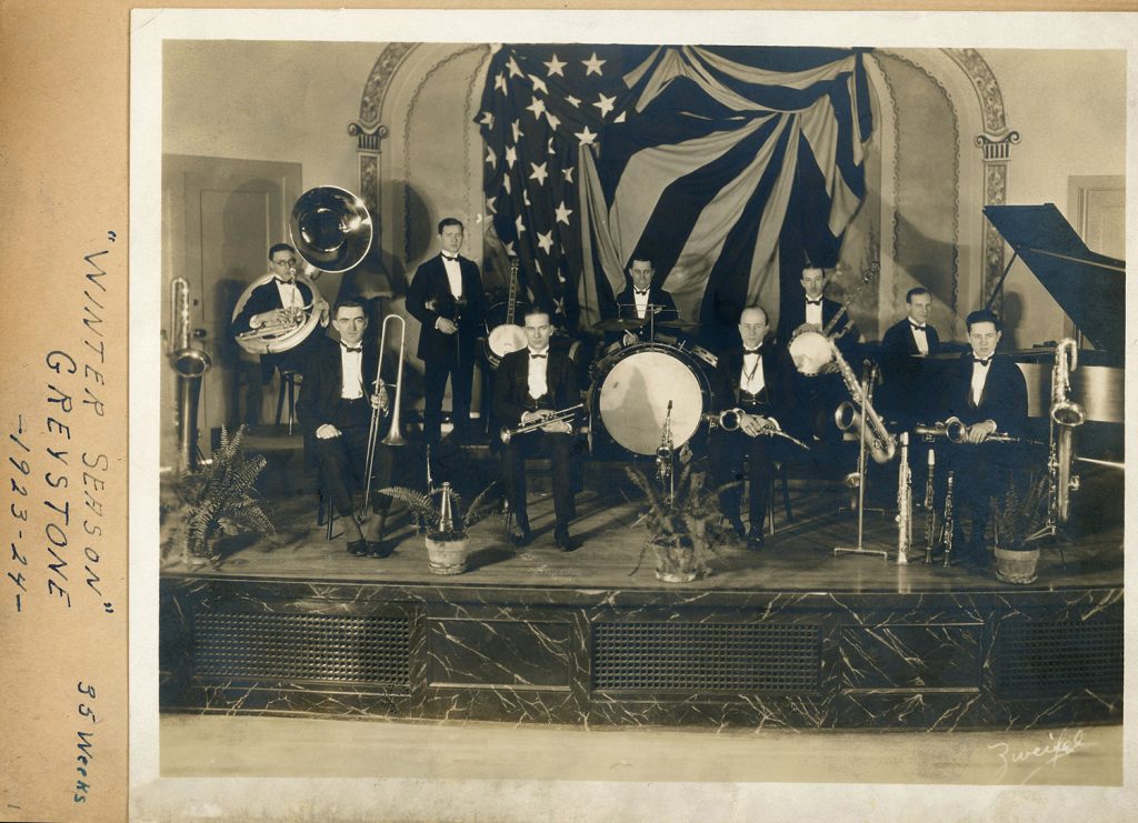 The orchestra at the Greystone, with caption "Winter Season, Greystone, 35 weeks, 1923-24." (From scrapbook page 1)
