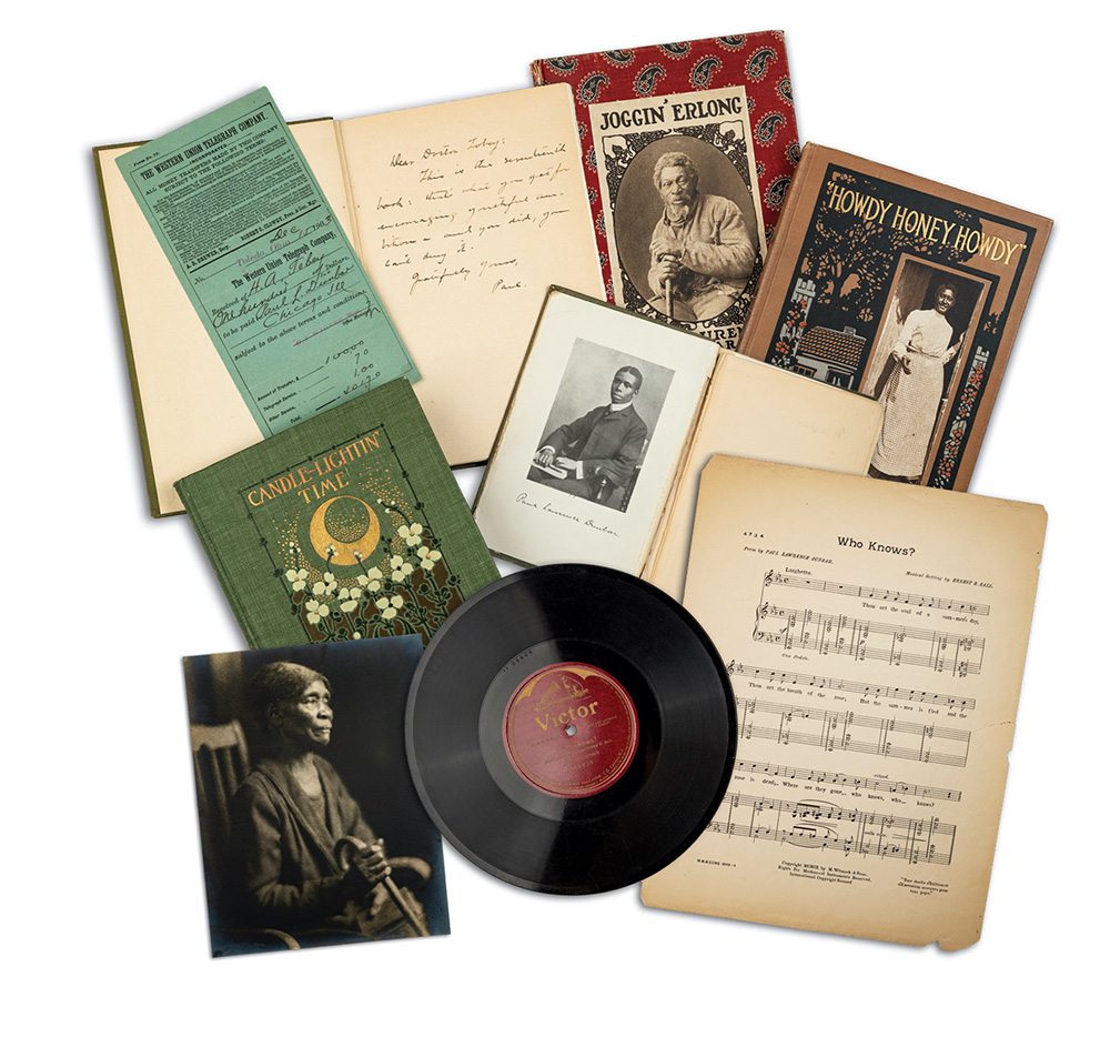 Collage of Paul Laurence Dunbar related materials, including books, sheet music, and vinyl record