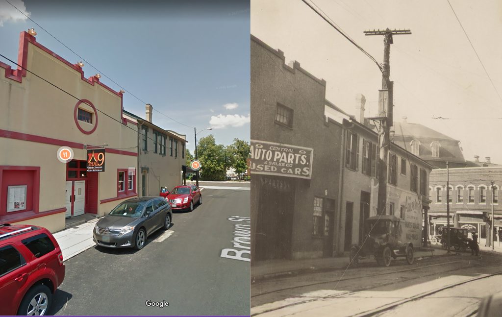 South Brown Street, just south of Fifth Street, looking north, shown in Google Maps today (left) and in 1923 (right, photo ms70_02_012).