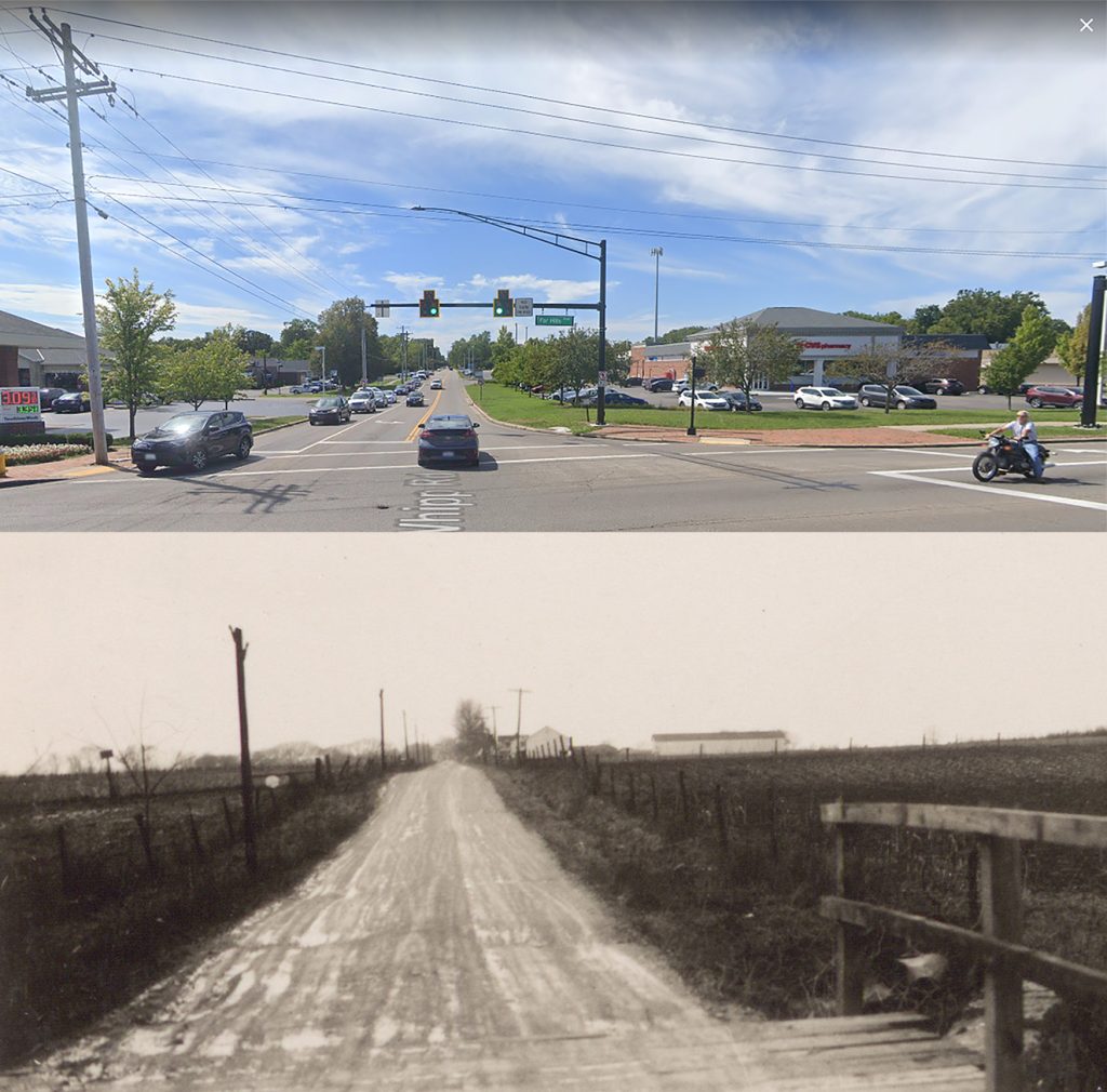 Whipp Road, at Lebanon Pike (Far Hills Avenue), looking west, shown in Google Maps today (top) and in 1923 (bottom, photo ms70_02_082).
