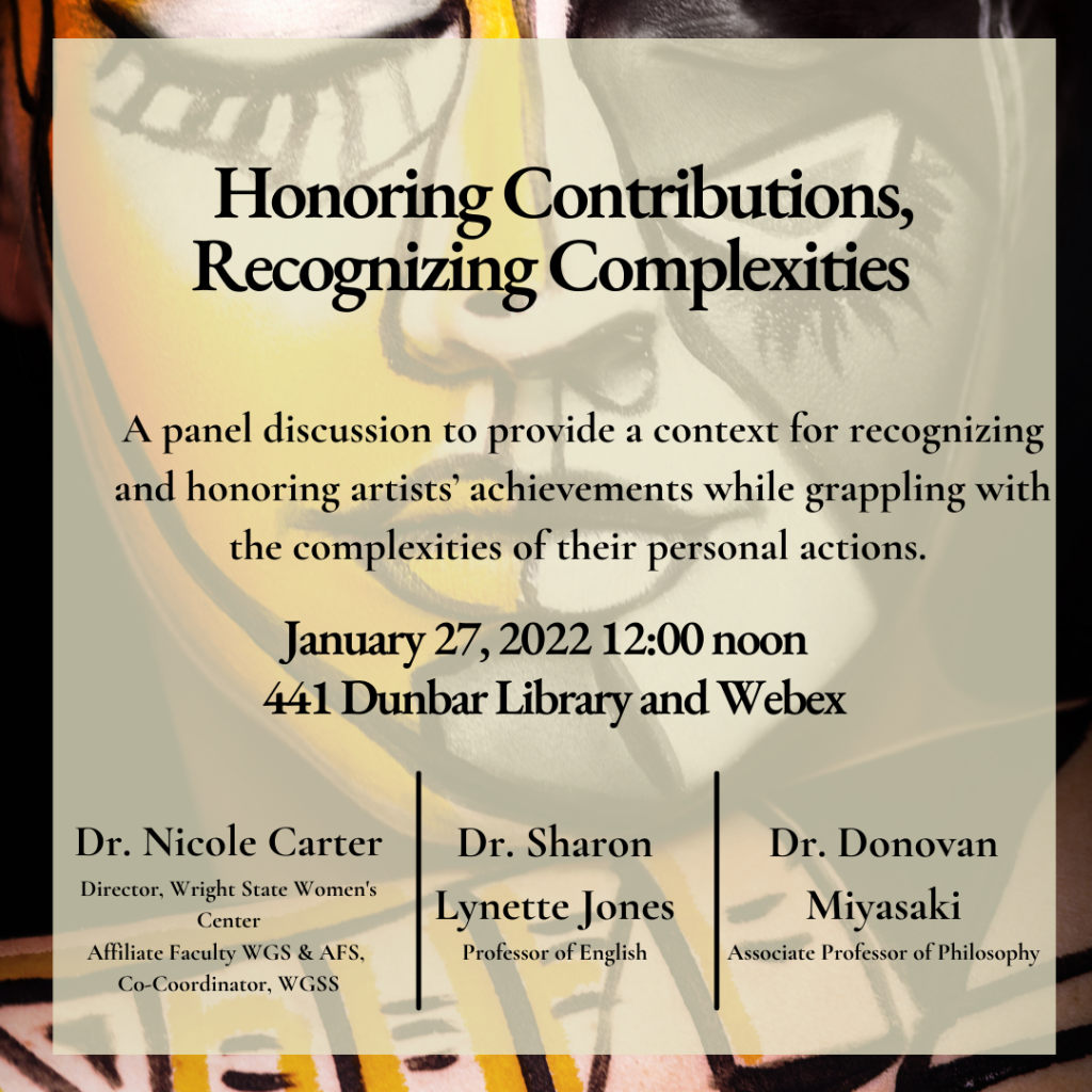 Image of flyer for panel discussion. Background is a woman's face. Half of the face is yellow with exaggerated realistic facial features while the other half is painted in black and white with abstract representation of the face